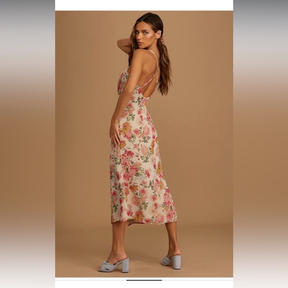 Lulus Sweet Invitation Beige Floral Print Cowl Neck Midi Dress - Picture 5 of 8